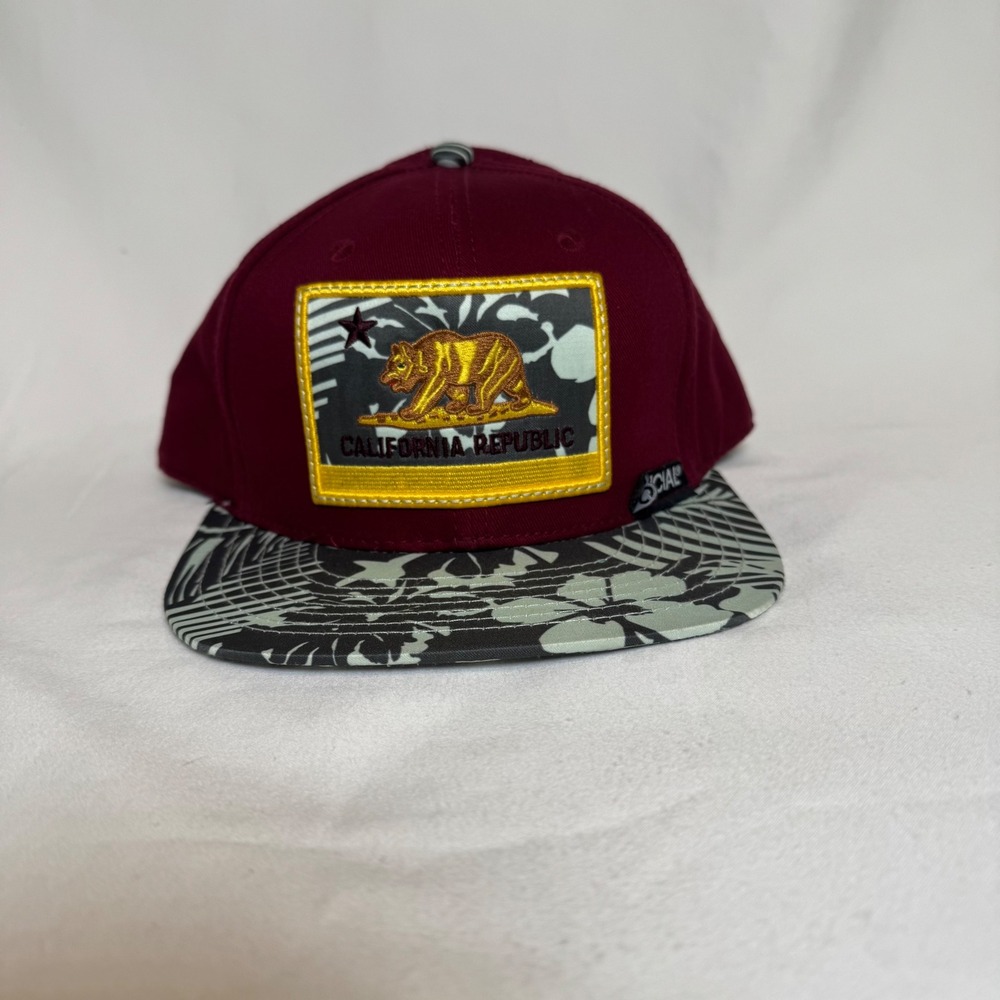 Official Crown of Laurel California Republic Snapback Hat Burgundy Floral Brim